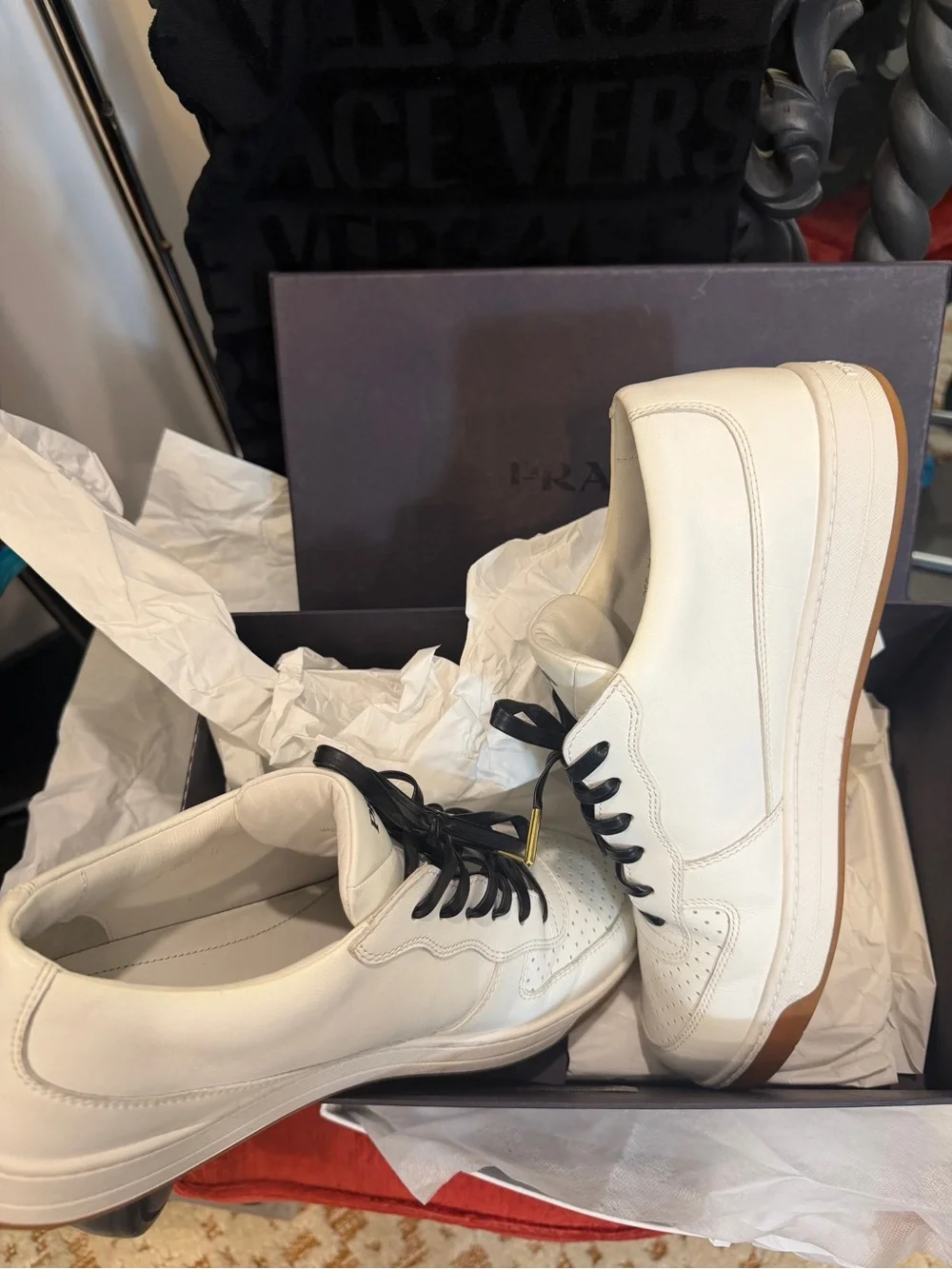 Prada White Leather Sneakers with Black Laces and Tan Soles